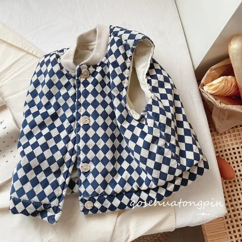 Autumn Winter Children Quilted Jacket Vest Baby Boy Girls Cotton Casual Black Plaid Sleeveless Coat Top Kids Clothes children vest