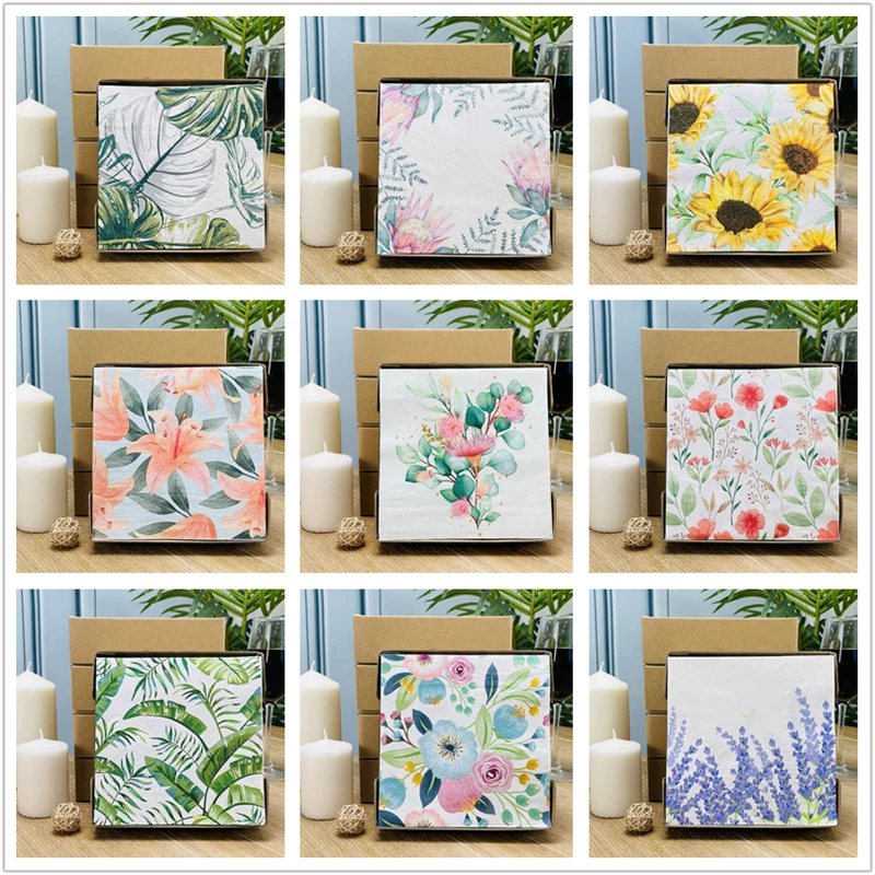 50Pcs 2Ply High Quality Eco-Friendly Soft Square Cocktail Tissue Paper Leaf Print Disposable Party Decor Colorful Napkins