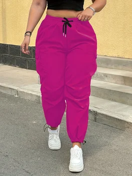 Women's Casual Streetwear Pink Cargo Pants Loose Drawstring Waist Jogger Trousers Plus Size Trendy  Spring Summer Fashionable 1