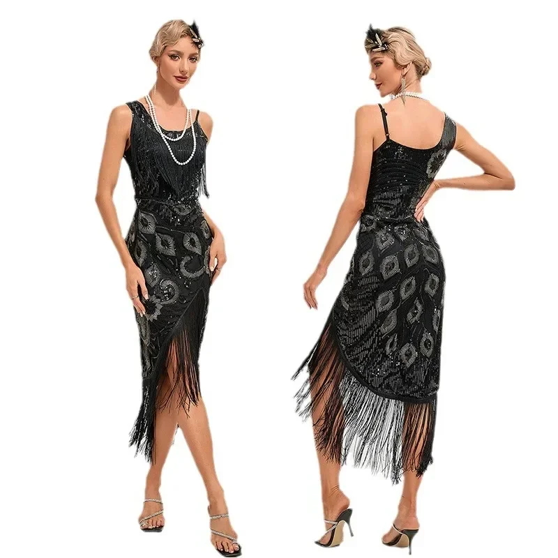 

Women Stage Costume 1920s Vintage Big U-Neck Flapper dress Great Gatsby Party Cocktail Dress Costume Sexy Lady 20s Fringe Dress