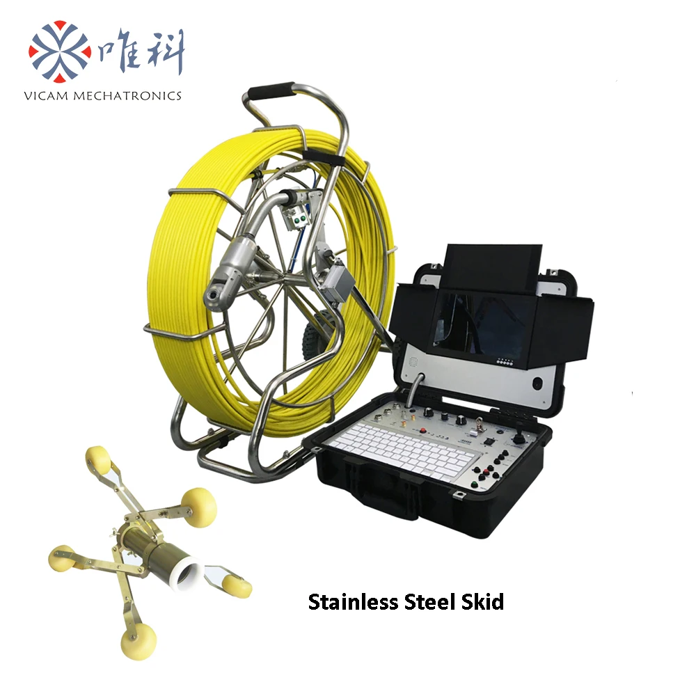 

Vicam upgarded pan tilt rotation pipe inspection robot with 120m fiberglass push rod cable and stainless steel skid