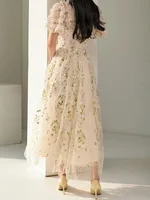 فستان حفلات نسائي بخصر عالٍ ، شاش أنيق ، كشكشة ، أكمام قصيرة ، تطريز زهور ، موضة ، جديد ، ربيع ، أو 13DB5099 1