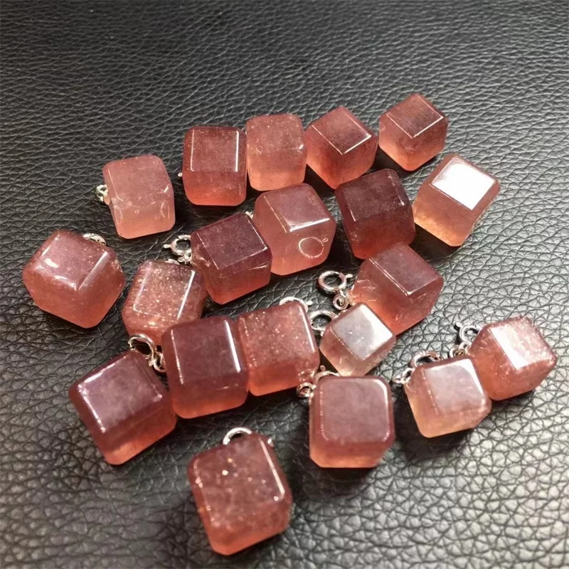 

S925 Natural Strawberry Quartz Cube Pendant Jewelry For Women Man Healing Crystal Beads Energy Stone Reiki Gemstone 1PCS