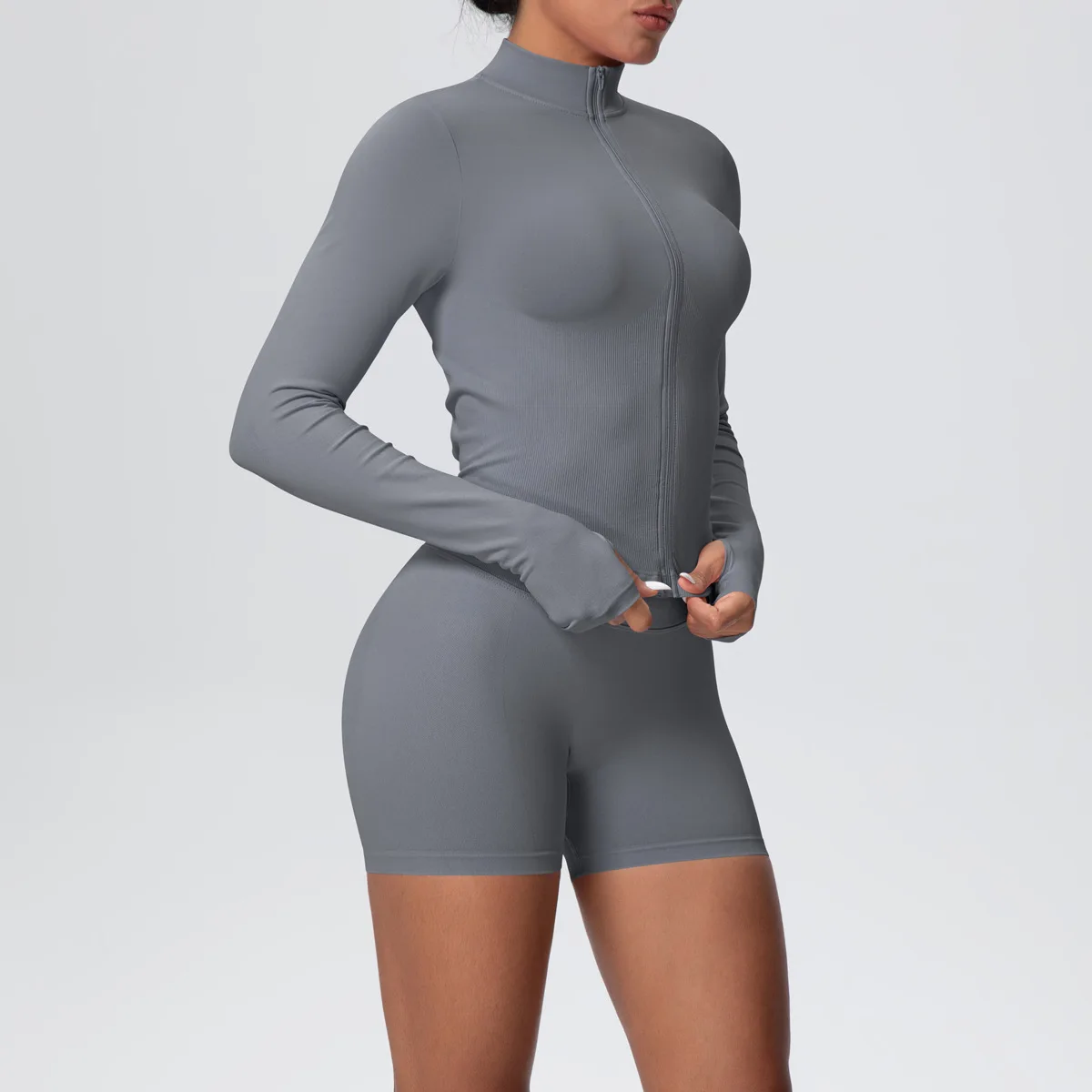Women Gym Set - Seamless Yoga Suit With Zip Shirt & Cycling Shorts Activewear