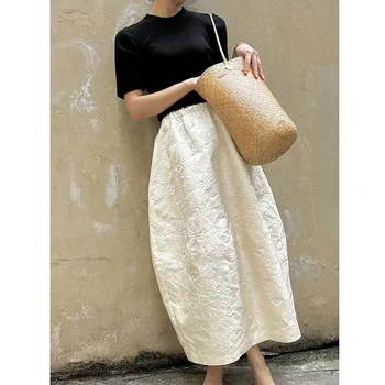 2024 New Arrival Spring/summer Arts Style Women Casual Loose Fit Elastic Waist A-line Jacquard Design Ankle-length Skirt P02 1