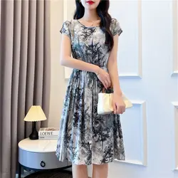 Vintage - Inspired O - Neck A - Line Midi Dress - Short Sleeve Summer Fashion with Drawstring Detail - S (8039)