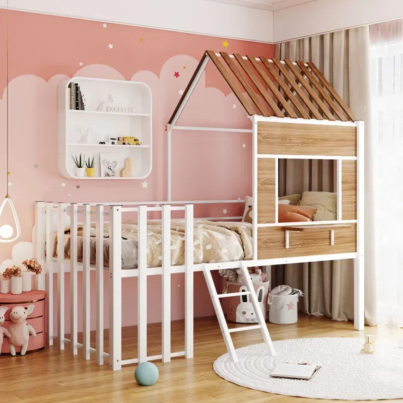 

Metal Twin size Loft Bed with Roof,Window,Guardrail,Ladder White Easy to assemble Durable and sturdy for bedroom furniture