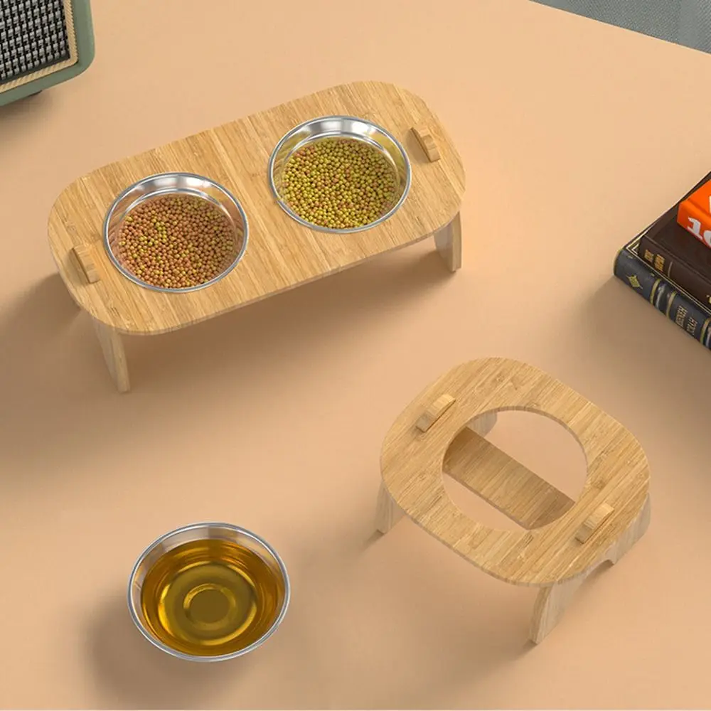 

Wooden Stand Holder Elevated Cat Bowls 15°Tilted Angle Non-slip Raised Pet Bowl Stainless Steel Bowl Ceramic Bowl