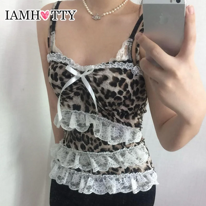 IAMHOTTY Y2K 레오파드 무늬 레이스 러플 패치워크 캐미스 다크 브라운 코케트, 미적 슬림핏 활 탱크 탑, 귀여운 페어리코어 조끼