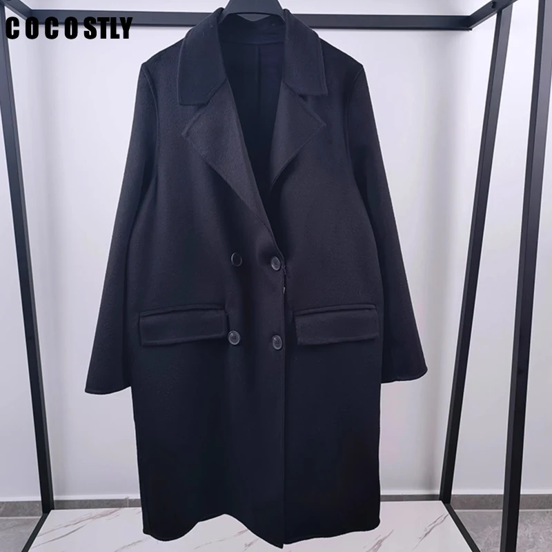 

Cocostly 2024 Winter Women Black Double Breasted Lapel Woolen Overcoat Office Lady Casual Loose Wool Coat Mid Length Jacket Chic