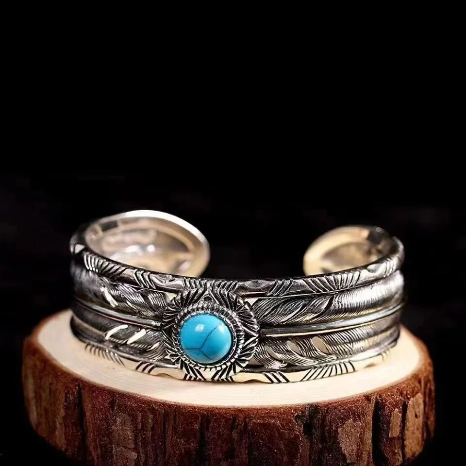 Silver Plated Turquoise Feather Wings Open Bracelet Men Domineering Cuff Bangles Women Fashion Party Jewelry Gift bangle bracelet