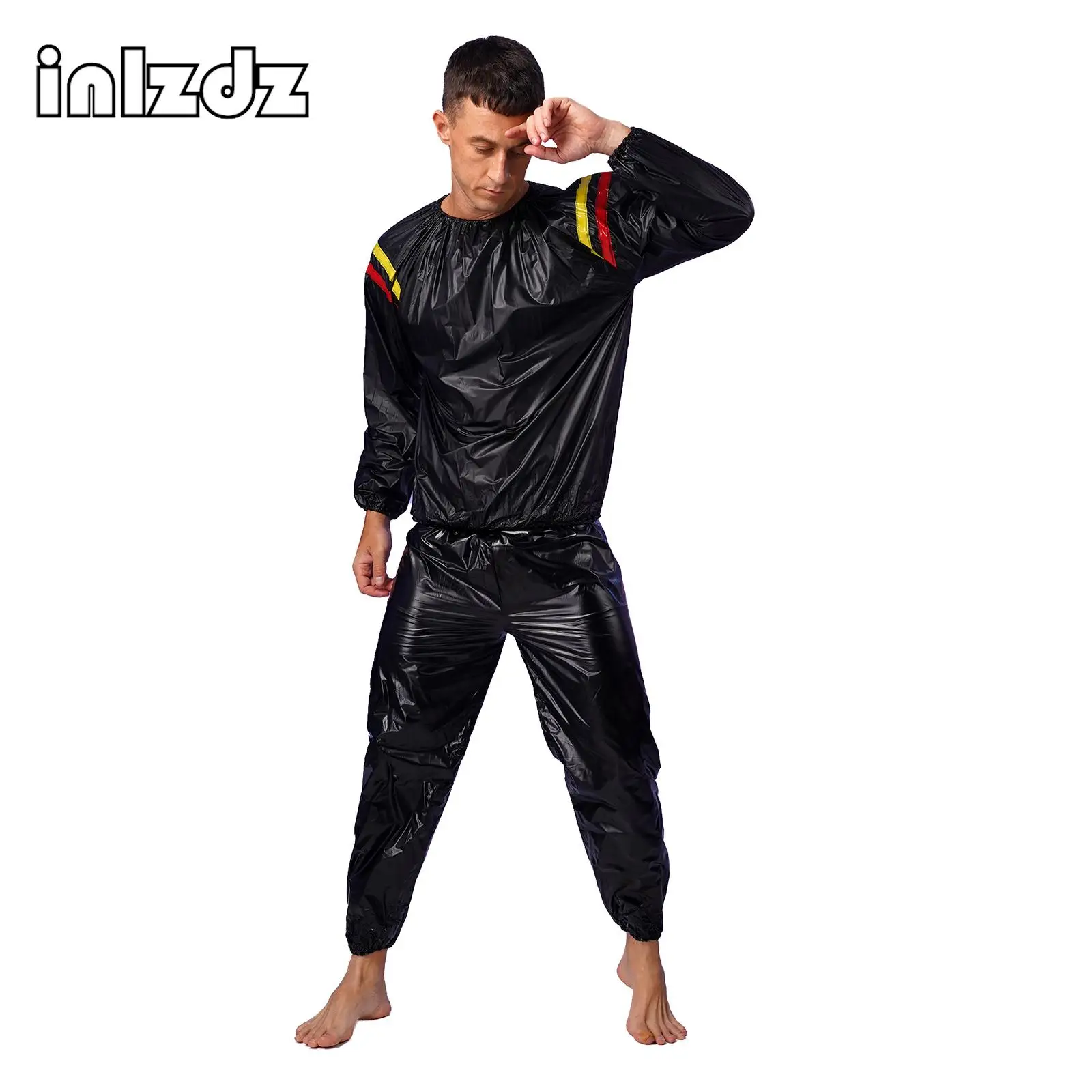 

Sauna Suit Fitness Gym Workout Outfits Mens Womens Weight Loss PVC Sauna Suit Contrast Color Stripe Long Sleeve Top with Pants