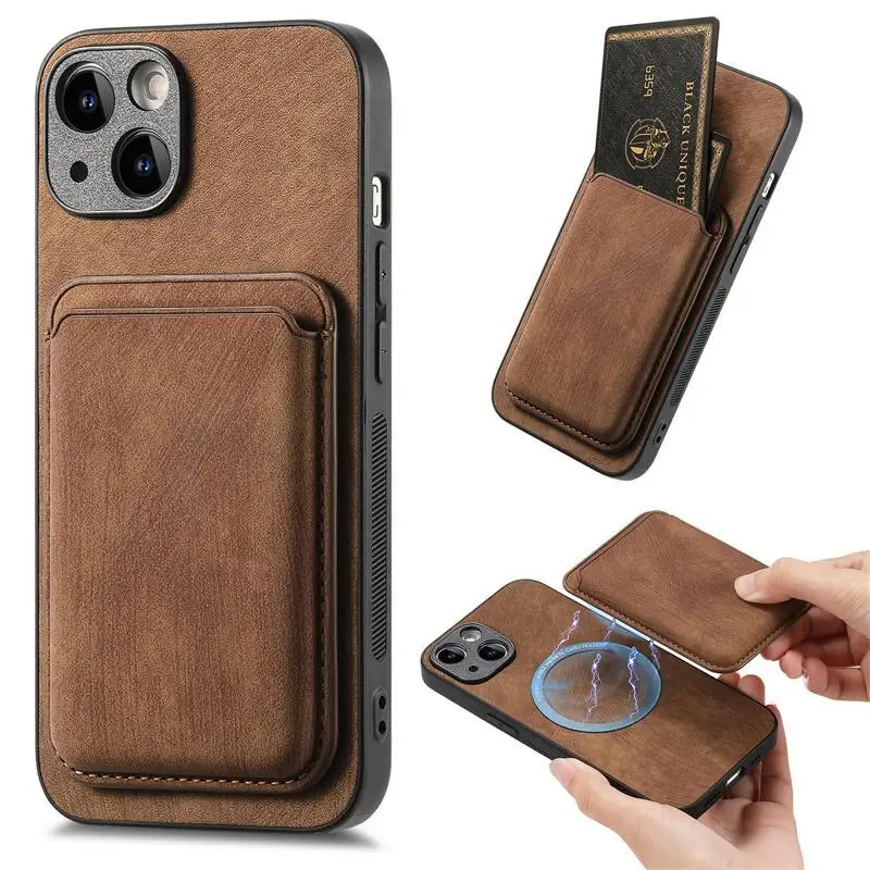 New style applicable iphone magnetic card case 15promax phone case 14 vegan leather 14plus card case 13mi 15promax 14promax 13pr