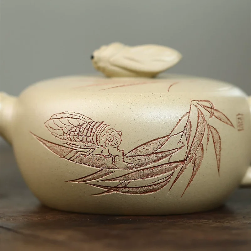 13.1x5.6cm handmade purple clay teapot original mineral green mud cicada chirping high-end tea making pot Kung Fu tea set