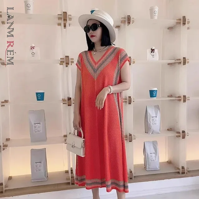 LANMREM Summer New Mid-Length Pleated Colorblock Women's Dress Fashion V-Neck Short Sleeve Elastic Loose Famale Clothing 2DB3805