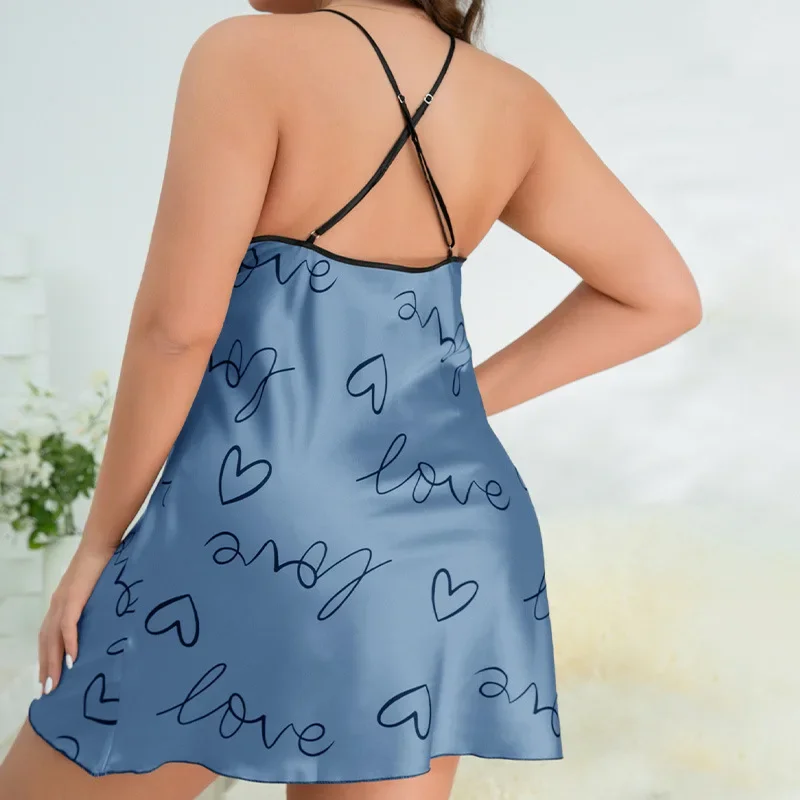 Ice Silk Pajamas Woman Cross-border Plus-size Women's Halter Dress Love Print Nightdress Casual Loose Home Wear