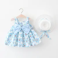 New Summer Girl Dress Sweet Sleeveless Small Flower Print Big Bow Cotton Cloth Dress Set of 2 Suitable for 0-3 Years Old 3