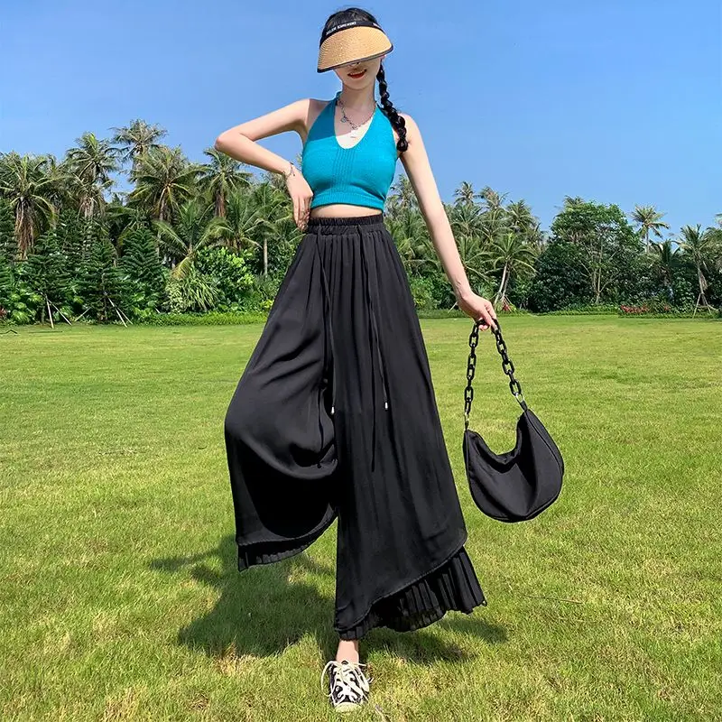 2023 New 40.00 Kg-100.00 Kg Wearable Loose Plus Size Women Wide-Legged Pants Skirt Stylish Casual High-waisted Nine-point Pants