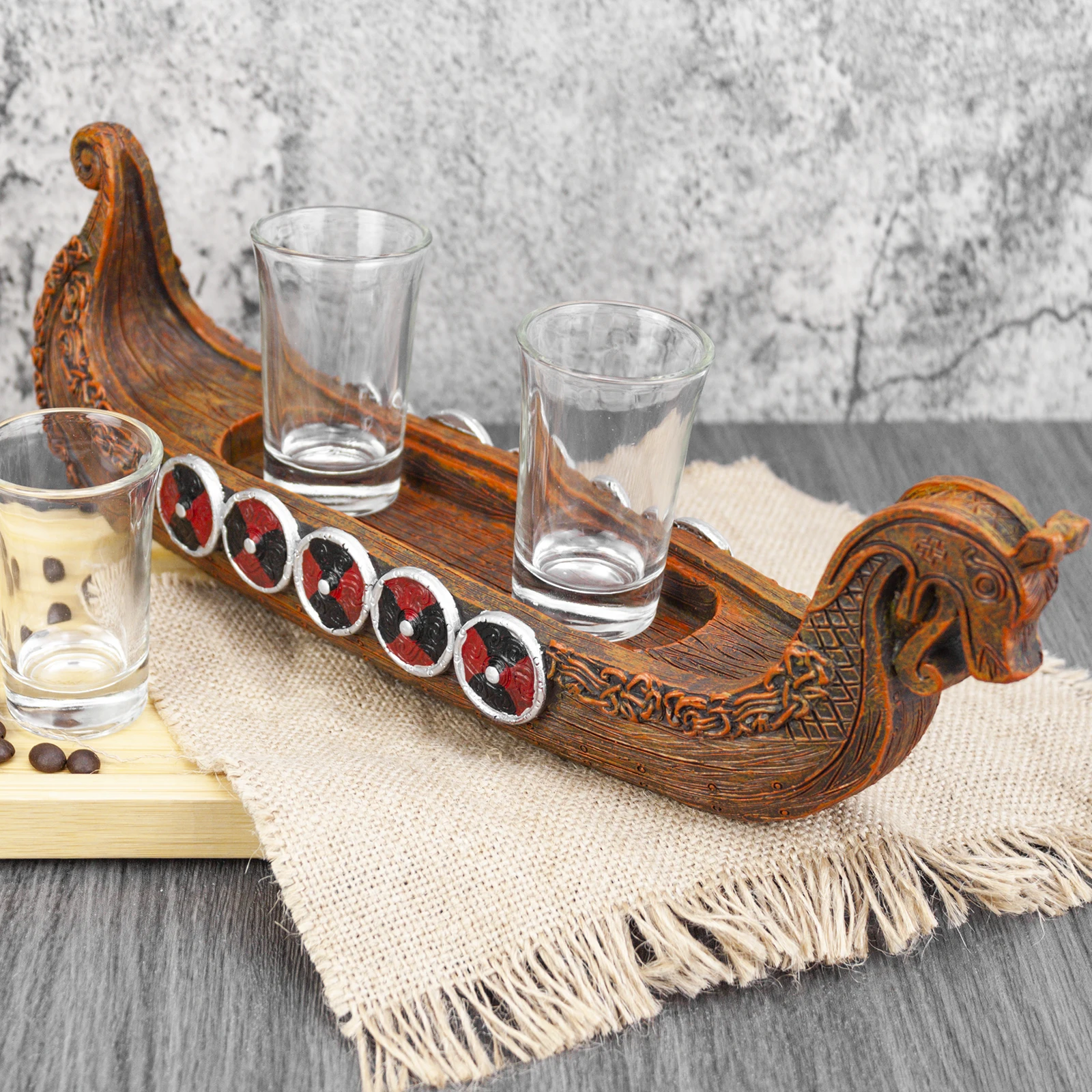 Creative Ancient Nordic Viking Dragon Ship Shot Glass Shooter Holder 3 Shot Glasses Viking Decor Friends Gift