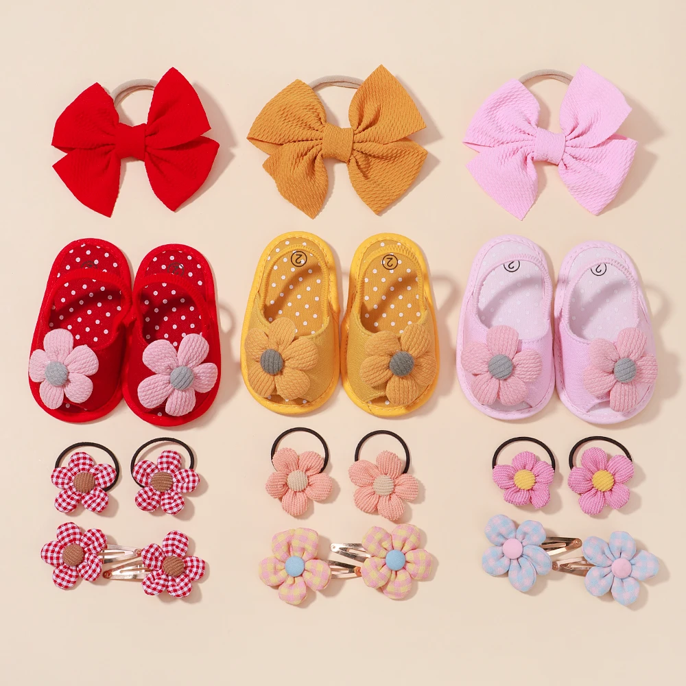 

0~3Years Newborn Baby Flower Shoes Lovely Baby Hair Accessories Flower Hairclip Headband for Kids Walker Soft Shoes Headwear Set