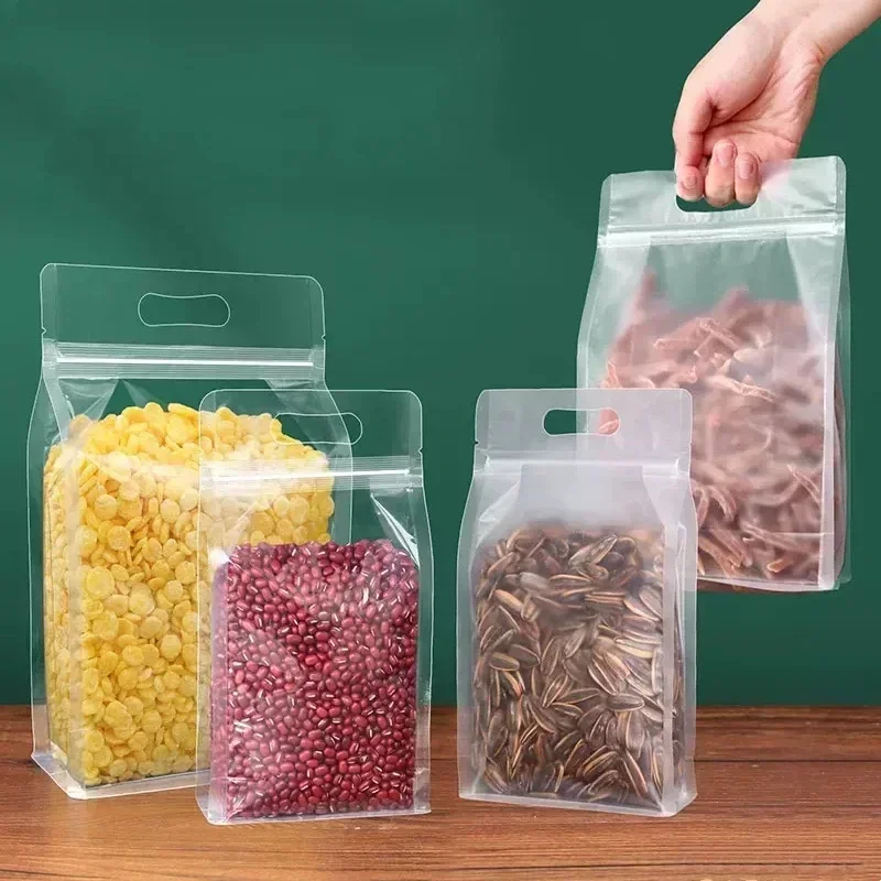 50pcs 식품 포장 지 플락 가방 투명 서리로 덥은 핸들 스탠드 캔디 너트 보관 재사용 가능한 주머니에 대 한 봉인