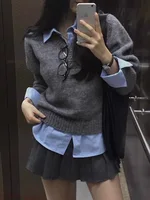 Loose Women's Knitted Sweater with irt Collar Fake Two-Piece Autumn Winter Faionable Korean Sle Long Sve  Ne