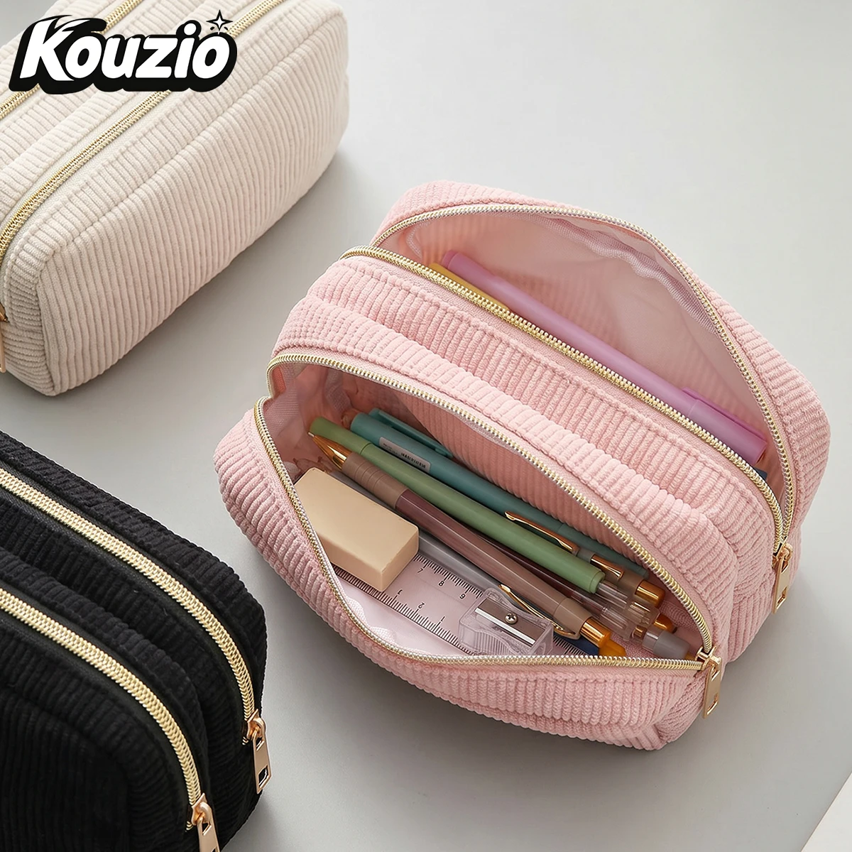 Aesthetic Solid Color Corduroy Pencil Case - Double Zipper Large Capacity Stationery Organizer