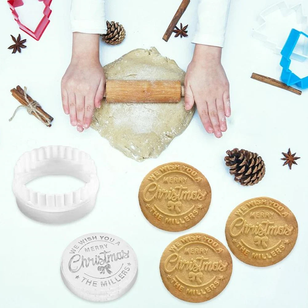 9 Pcs Personalized Christmas Cookie Stamp with Cutter Merry Christmas Cookies Stamps Cookie Cutter Stamps for Baking Decoration