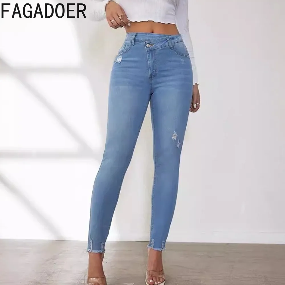FAGADOER Blue Fashion Elasticity Denim Skinny Pencil Pants Women High Waisted Button Pocket Jean Trousers Female Cowboy Bottoms