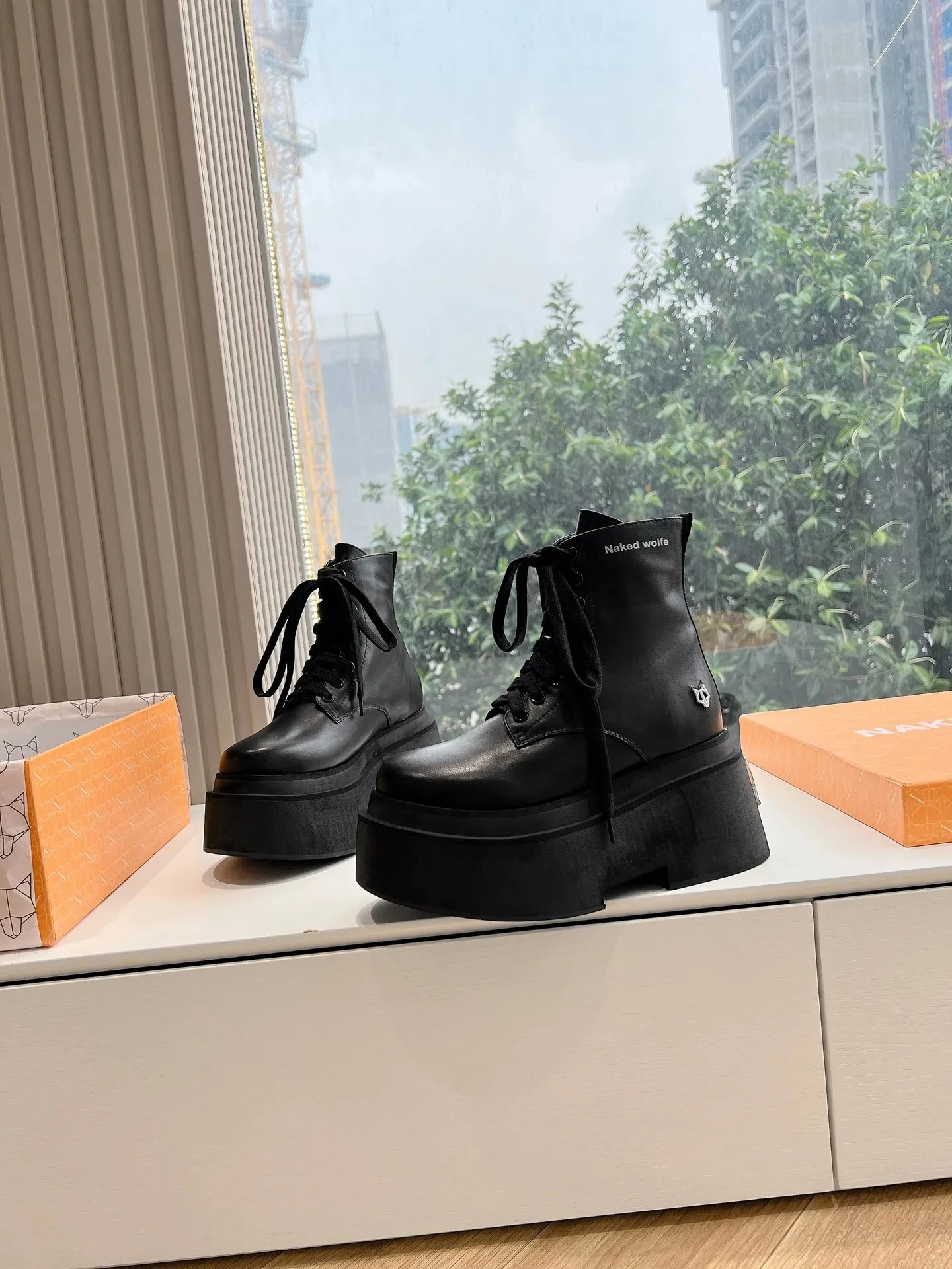 Women's Naked Shoes Wolfe Saturn Black Leather Ankle Boots Lace-up Platform Runway