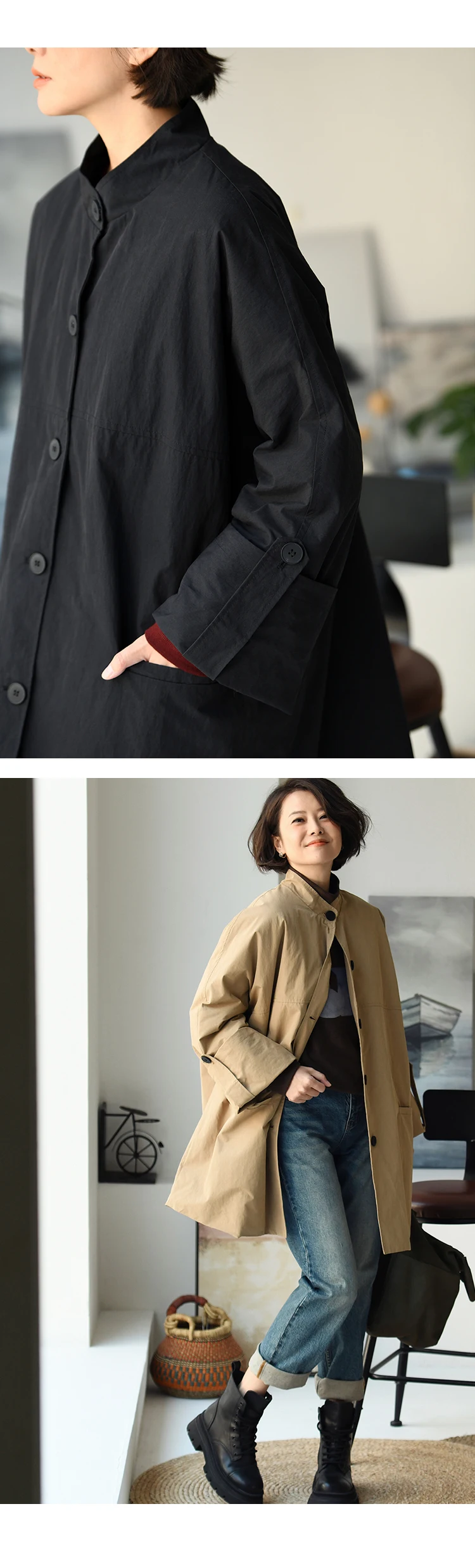 F92220 Artistic Casual Stand-Up Collar Oversize Adjustable Wide-Sleeve Cotton Jacket Coat for Women Winter