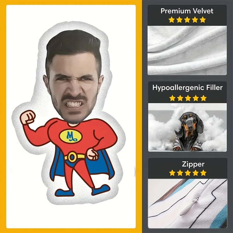 Diy customizable plush superhero pillow made of soft polyester fabric, a real person face cushion, is a unique gift for friend 4