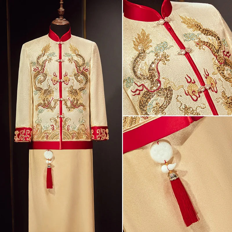 Male Chinese Style Costume Groom Dress Jacket Long Gown Traditional Chinese Wedding Qipao For Men