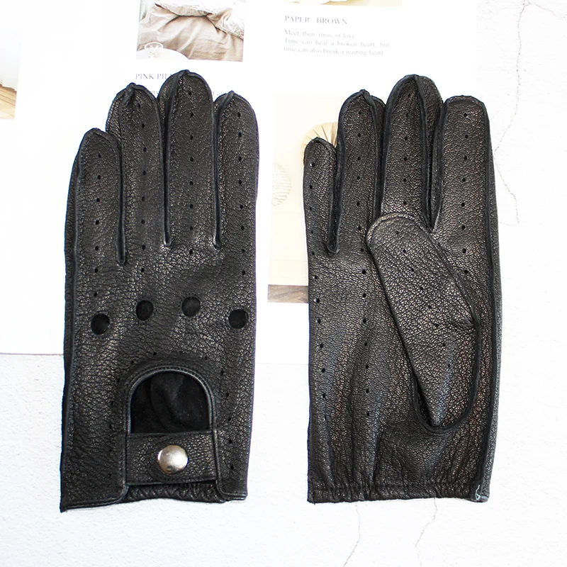 Summer Driving Deerskin Full Finger Leather Gloves for Men's Thin Hollow Unlined Motorcycle Riding Men's Fashion Driver Gloves