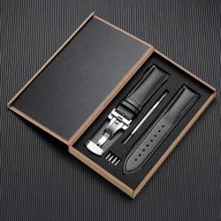 Elegant Red Brown Leather Watch Strap with Butterfly Buckle and Gift Box - 17mm (Black)