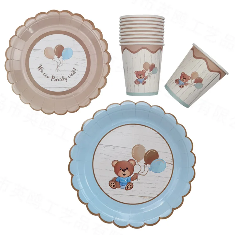 10 Stück süßes Bären-Einweggeschirr, Teddy-Teller, Tassen, Servietten, Junge, Mädchen, blauer Bär, Geburtstag, wir können Bearly Warten, Baby, Babyparty – Detail 2