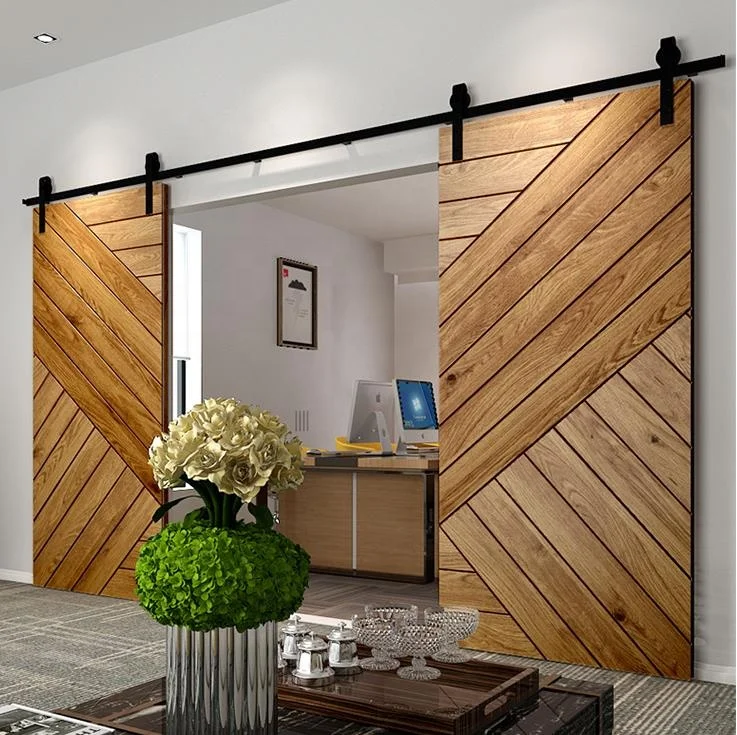Modern home interior solid wood large striped design bedroom sliding barn doors 4