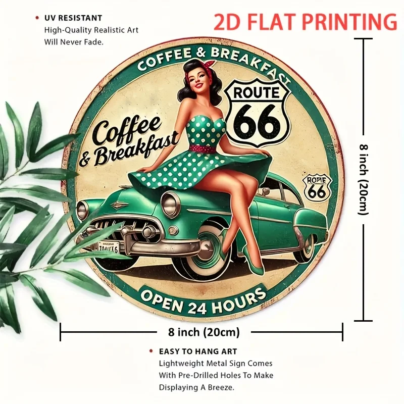 2D flaches Retro-Route 66-Kaffee- und Frühstückslogo – kreisförmige Retro-Wandkunst, grünes Auto- und Polka-Dot-Kleid – Detail 3