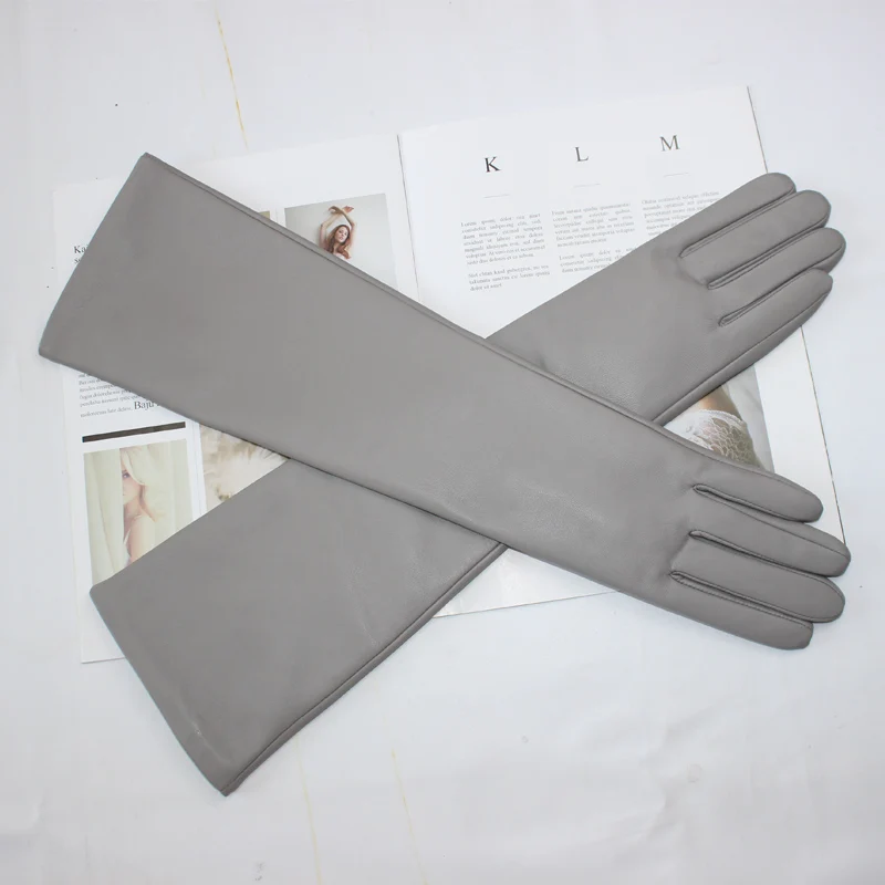 New women's long sheepskin gloves Classic solid color at elbow Versatile windproof warm fleece driving leather gloves