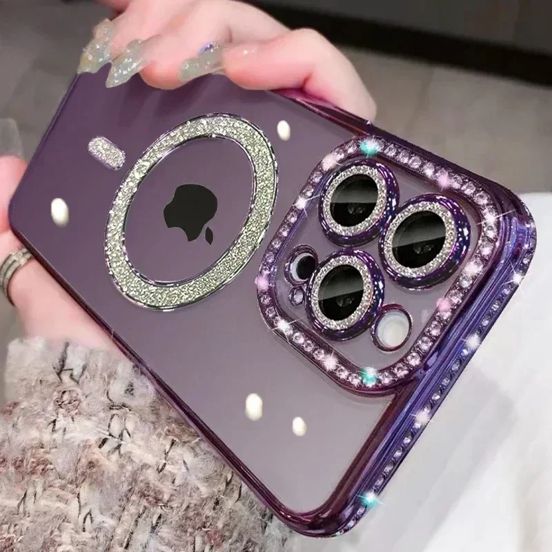 Crystal Clear Bling Phone Case with MagSafe Compatibility and Wireless Charging Lens Cover