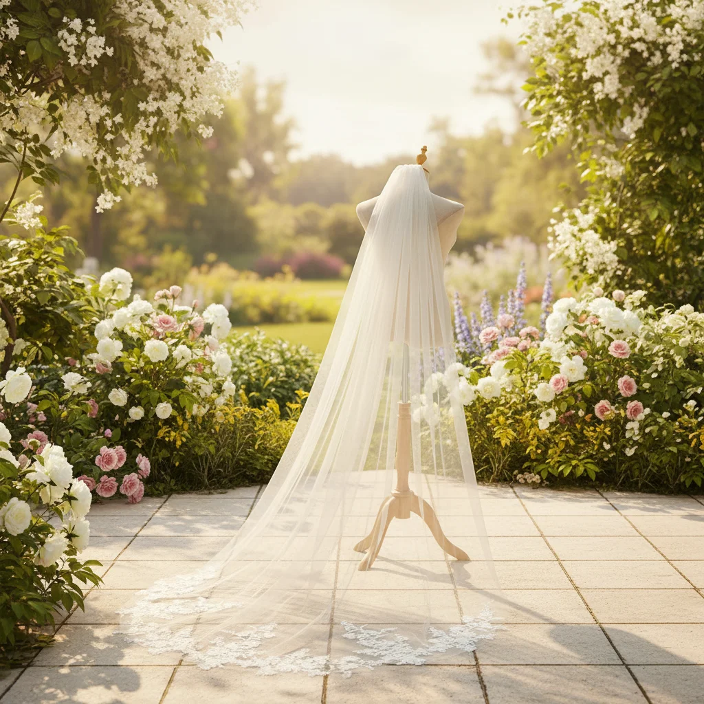 Eleganter 230 cm langer Brautschleier mit Spitzenapplikation und Kamm, einlagig, bodenlang, Hochzeitsaccessoires – Detail 1
