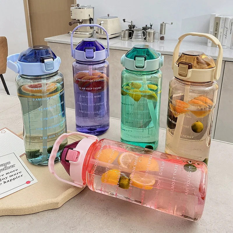 2 Liter Outdoor Sports Drinking Bottles with Time Marker Water Bottle with Straw Large Capacity