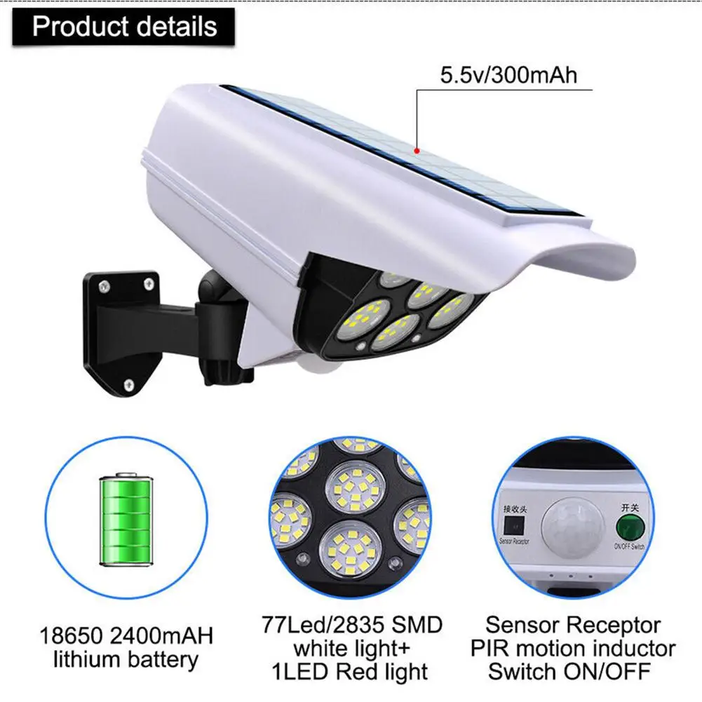 77 LED Solar Light Motion Sensor Security Dummy Camera Wireless Outdoor Flood Light IP65 Waterproof Lamp 3 Mode For Home Garden