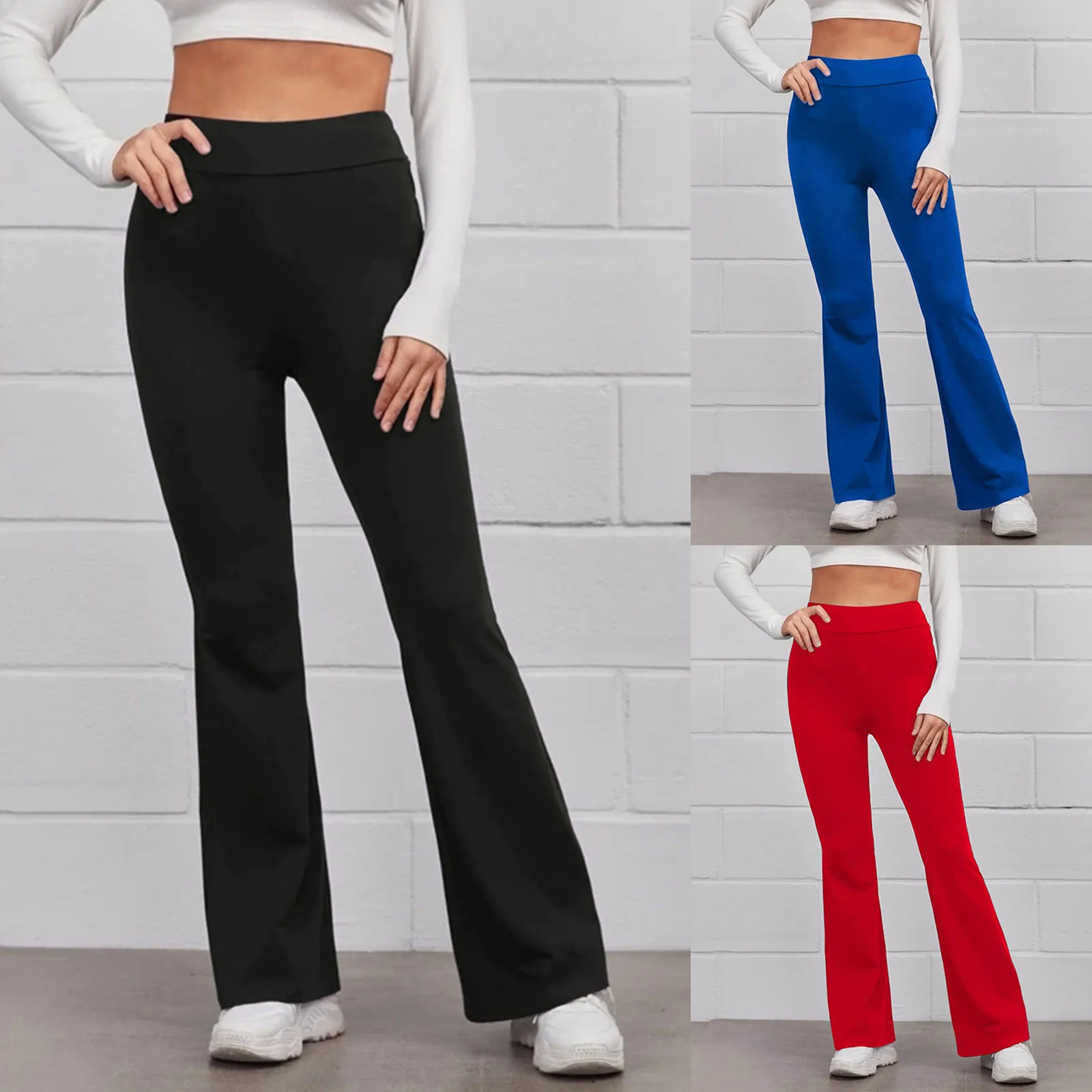 

Women's Casual Solid Colour Elastic Waist Leggings High Waisted Skinny Trousers Yoga Sports Micro Flare Fitness Leggings