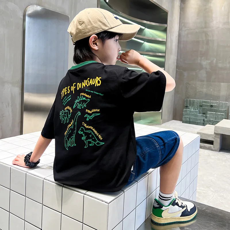 

Fashion Brand Children Dinosaur Cartoon CottonTSummer T-shirt2024New Boys' Short Sleeve Middle and Big Children's Half Sleeve Cl