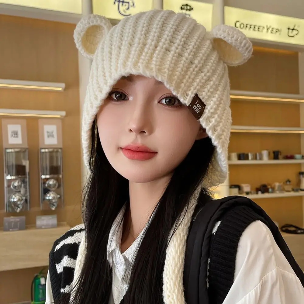 

Bear Shape Woolen Hat Fashion Ear Protection Double Braid Knitted Hat Winter Warm Pullover Cap Women Girls