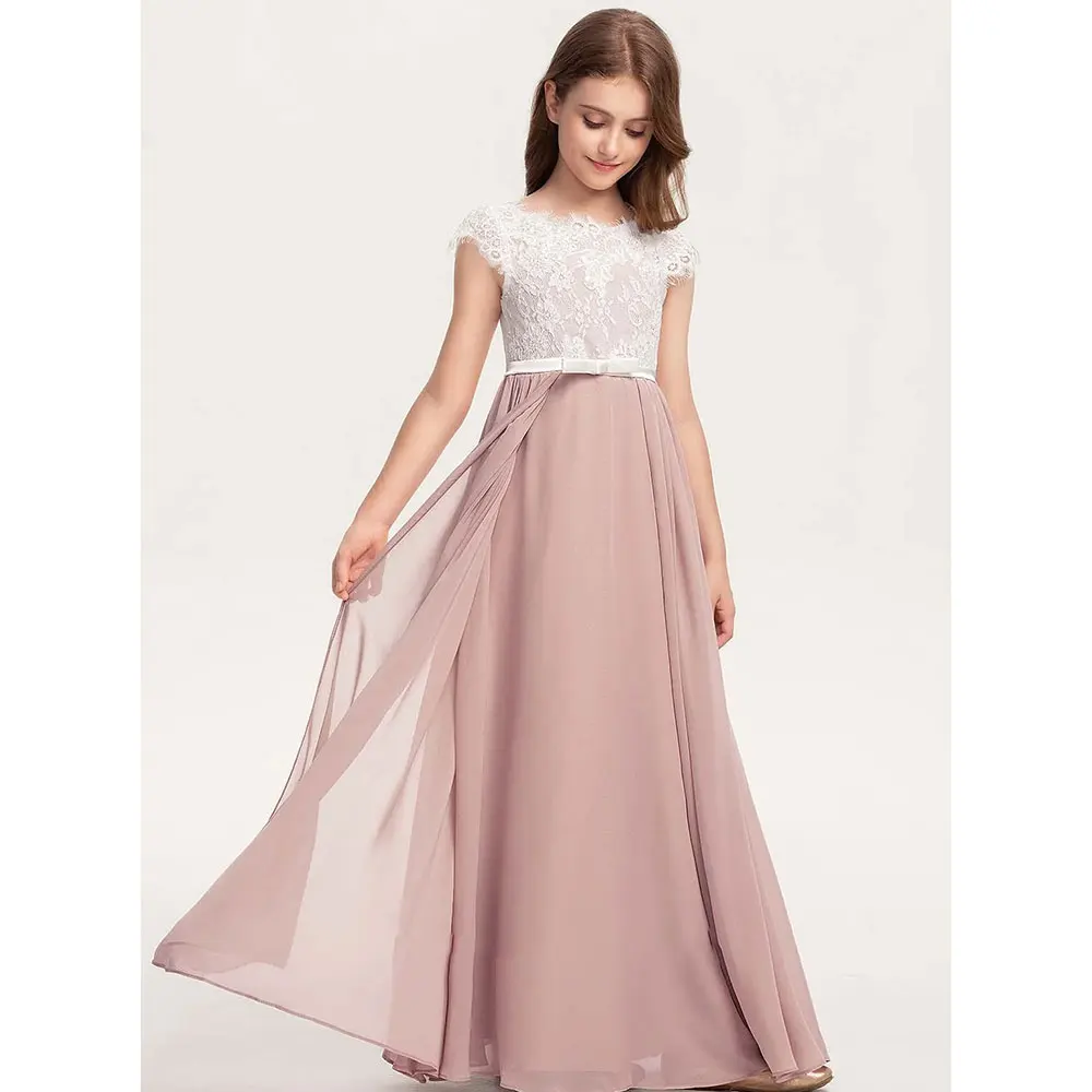 

A-line Scoop Floor-Length Chiffon Lace Satin Junior Bridesmaid Dress With Bow Flower Girl Wedding Dress Birthday Party Dress