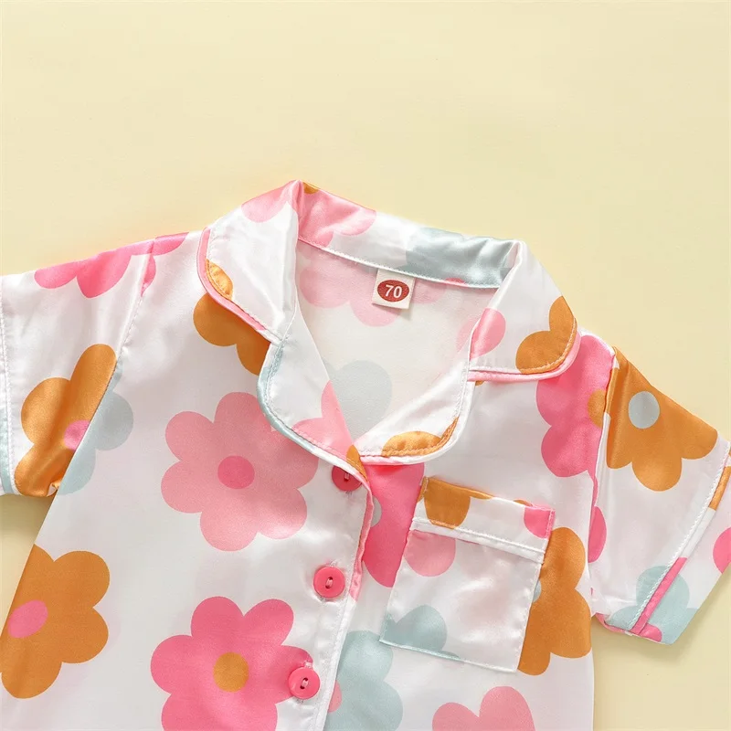Girls Pajama Set Cute Short Sleeve Lapel Neck Floral Print Button-Up Top with Loose Fitting Shorts 4