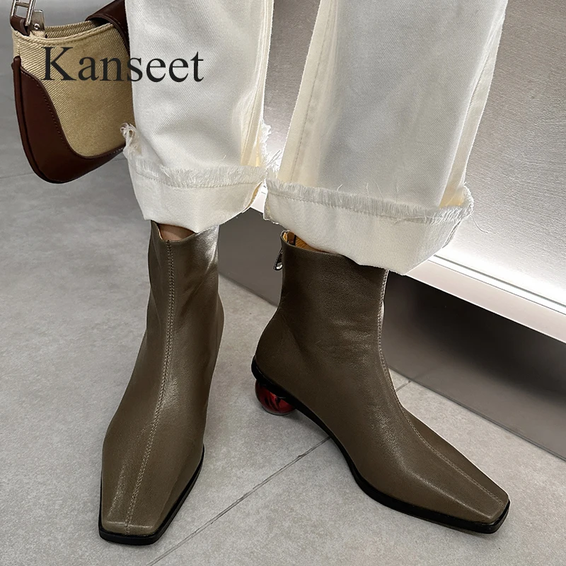 

Kanseet Genuine Leather Ankle Boots Women 2023 Autumn Winter Shoes Square Toe Zipper Strange Style Mid Heels Ladies Short Boots