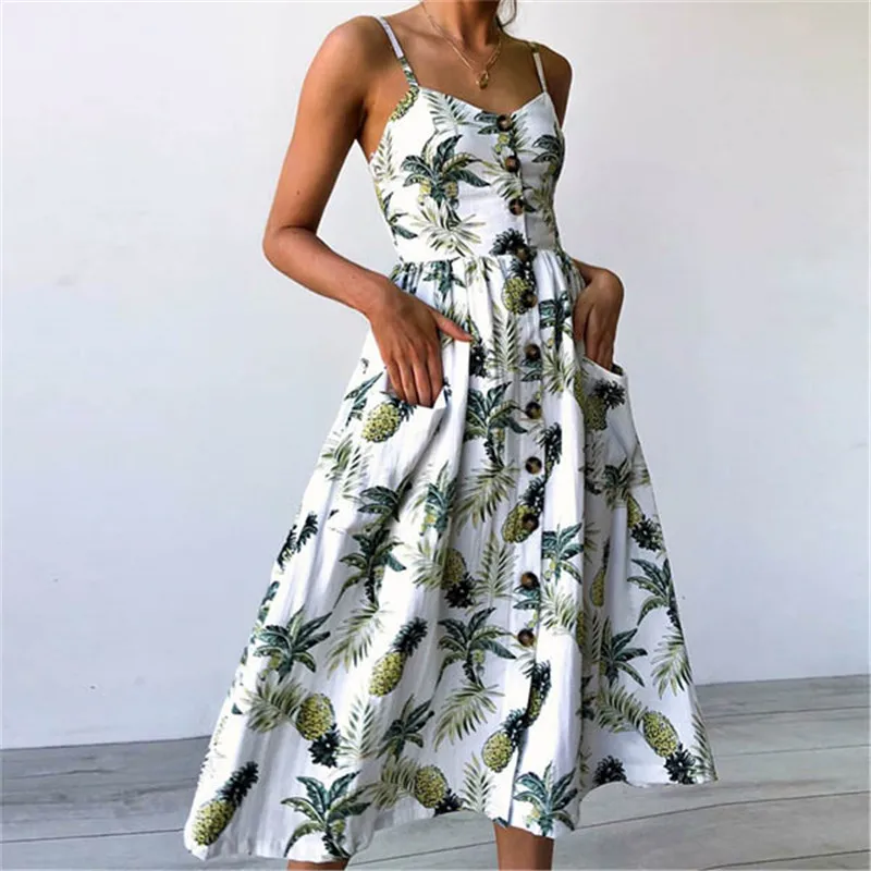 LadiesFashion and Leisure Retro Sun Dress Summer 2021 Boho Sexy Dress Midi Button Backless Polka Dot Striped Floral Beach Dress